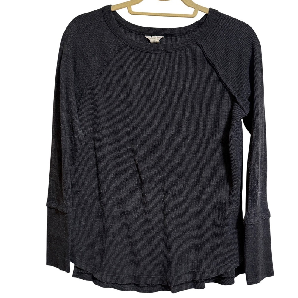 Caslon Womens XS Charcoal Gray Waffle Knit Thermal Long Sleeve Raglan Top